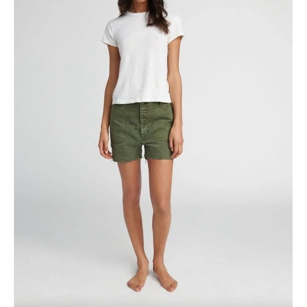 RE/DONE Womens 50s Miltary Shorts in Green Size 25 Button Fly Distressed Hem